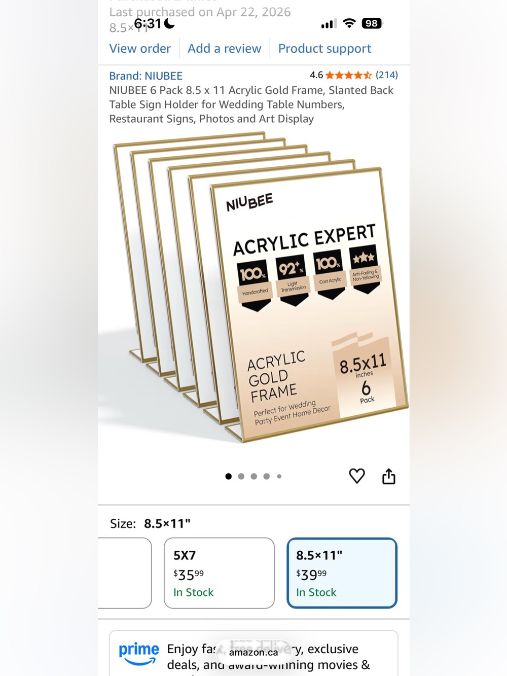 Gold Acrylic Frame 8.5x11 - Pack of 6
